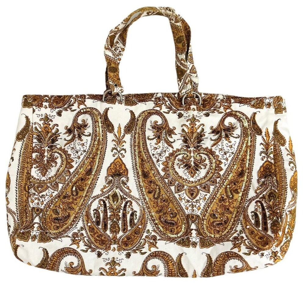 Murval Paisley Canvas Tote Bag Fall Colors Brown Orange White 12" x 20"